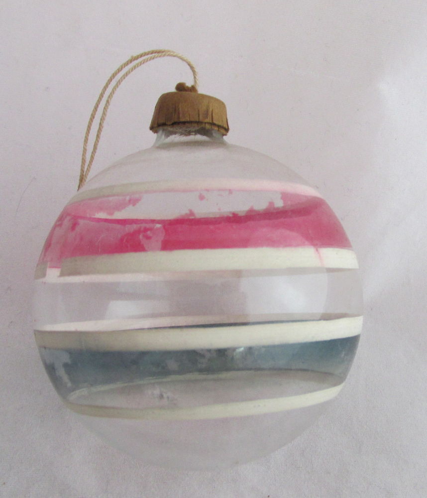 Vintage WWII Era, clear ornament with stripes and paper cap.