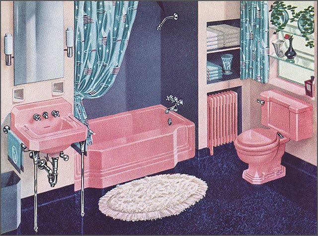 1950s pink bathroom toilet and bathtub ad